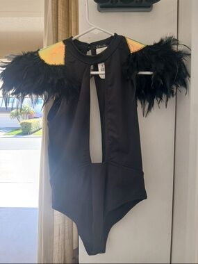 Kids Black Feather-Trim Costume Bodysuit with Gold Accent